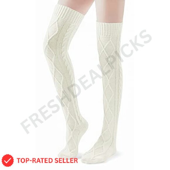 Cable Knit Thigh High Socks Warm Winter Leg Warmers Cozy Chic - Picture 4 of 8